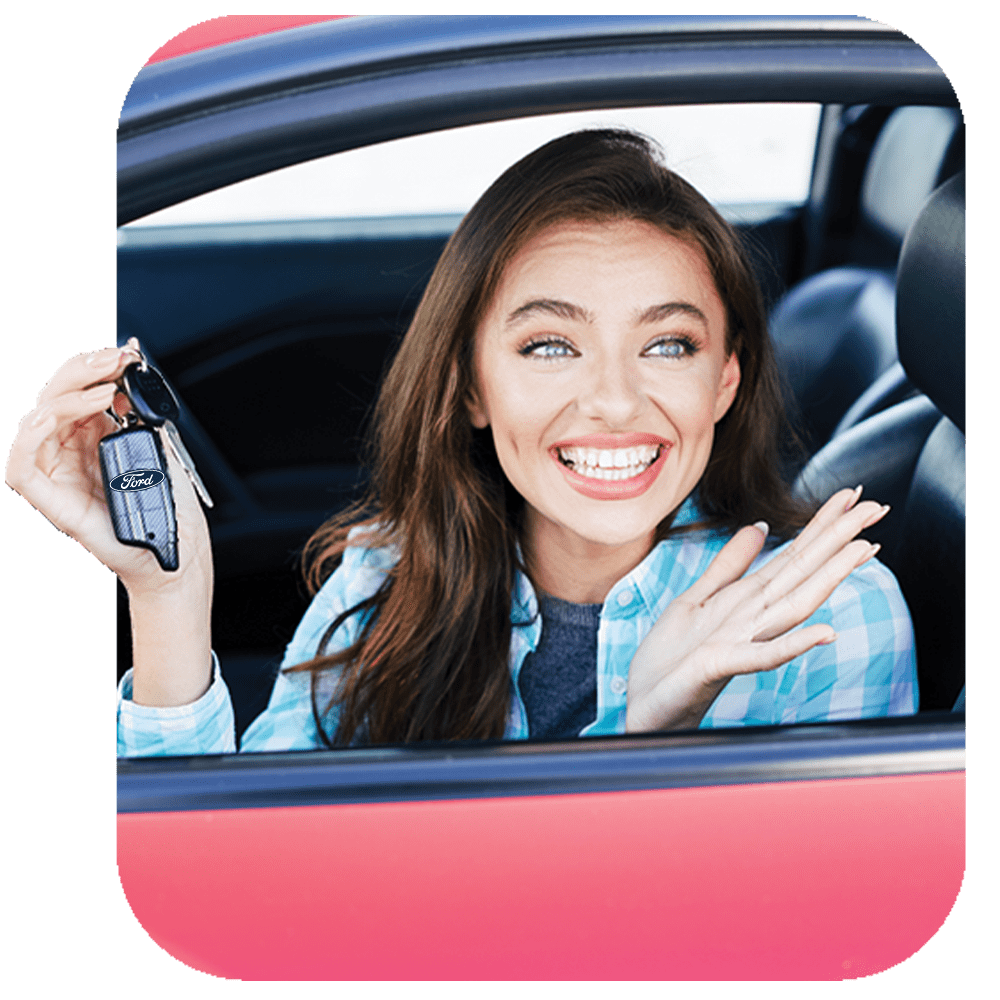 Woman excited in a nearly new car